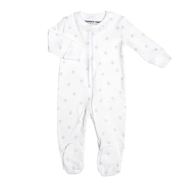 Tiny Stars Zipper Romper in Light Blue no feet