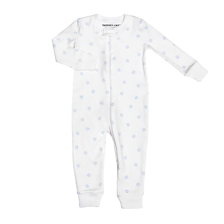 Tiny Stars Zipper Romper in Light Blue with feet