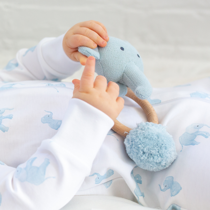 a baby wearing Tiny Elephant Zipper Romper in Blue