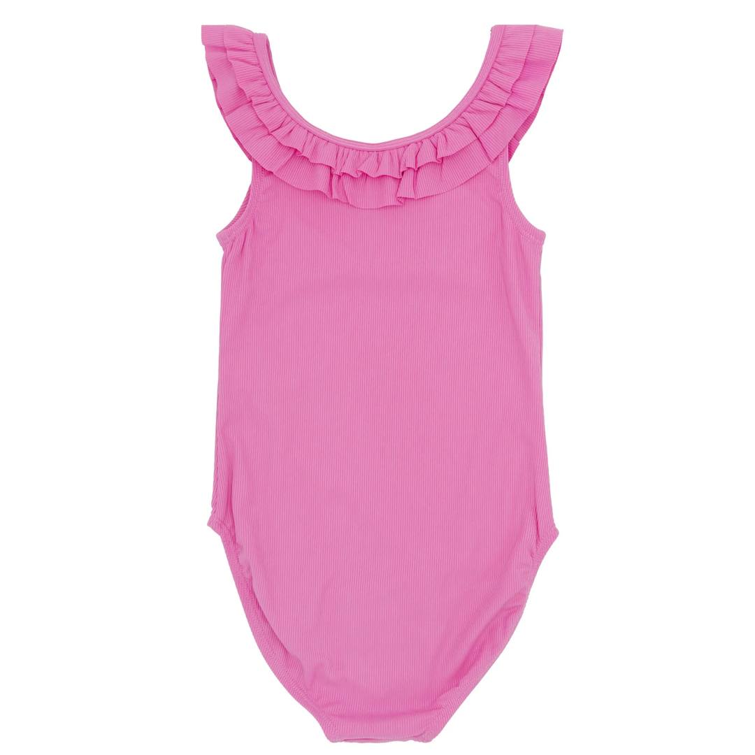 Vacay Ruffle Rib One Piece Swimsuit in Pink Carnation back