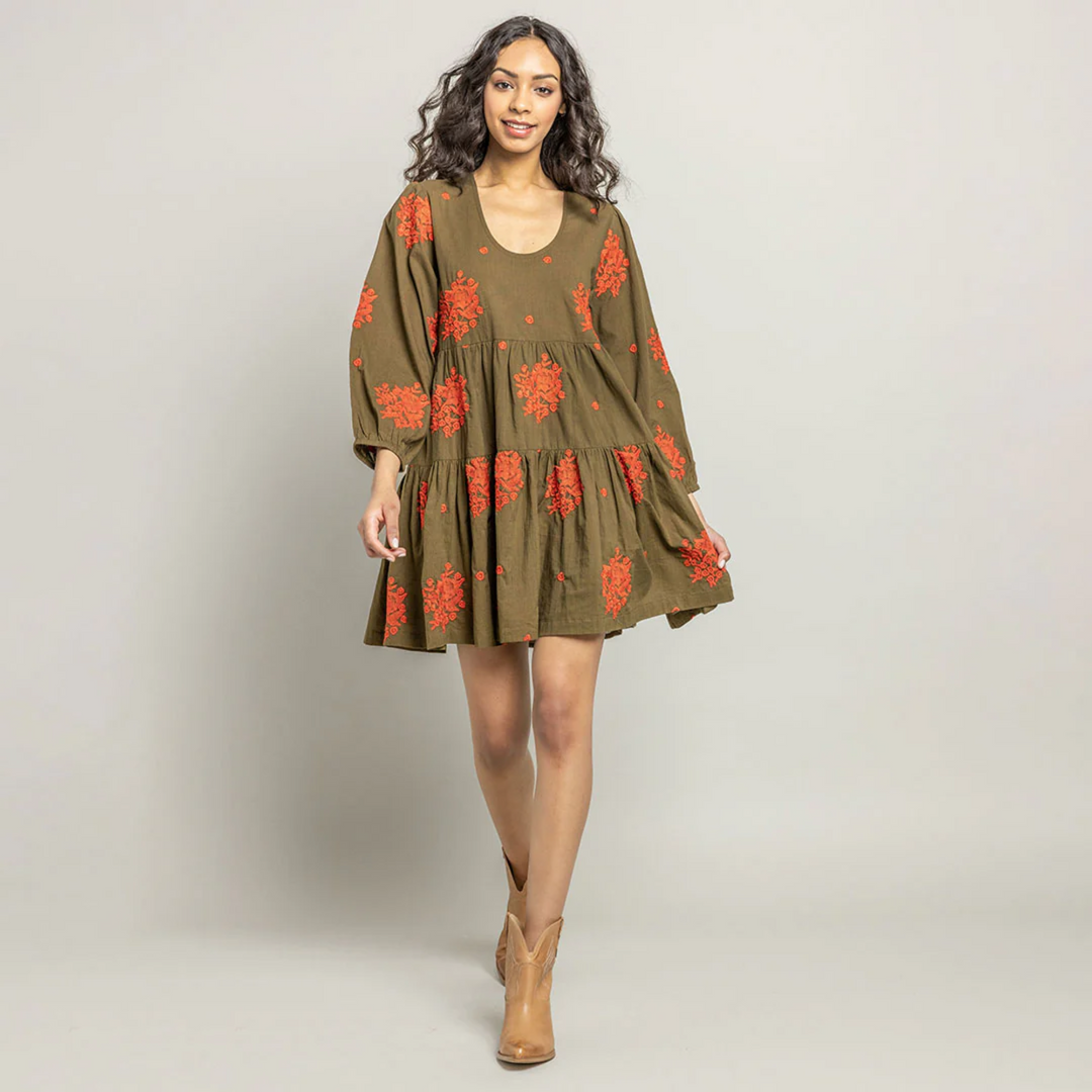 a woman wearing Michelle Dress - Dark Olive W/ Embroidery front