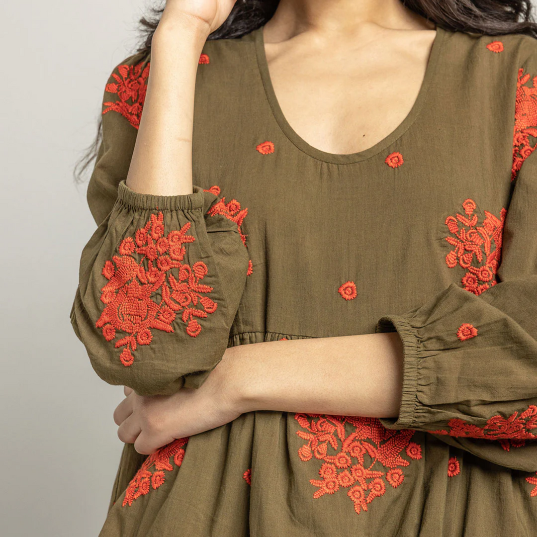 Michelle Dress - Dark Olive W/ Embroidery details