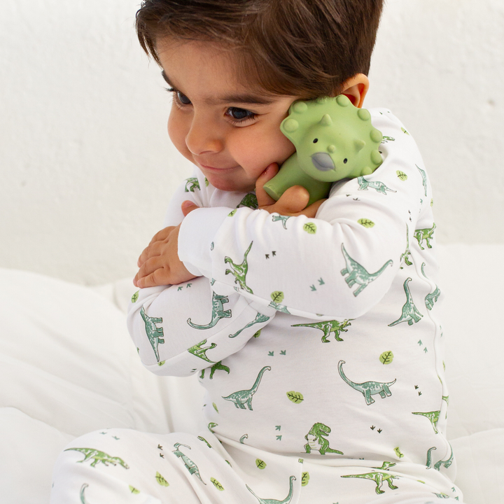 a little boy wearing Wondrous Dino Pajama Set