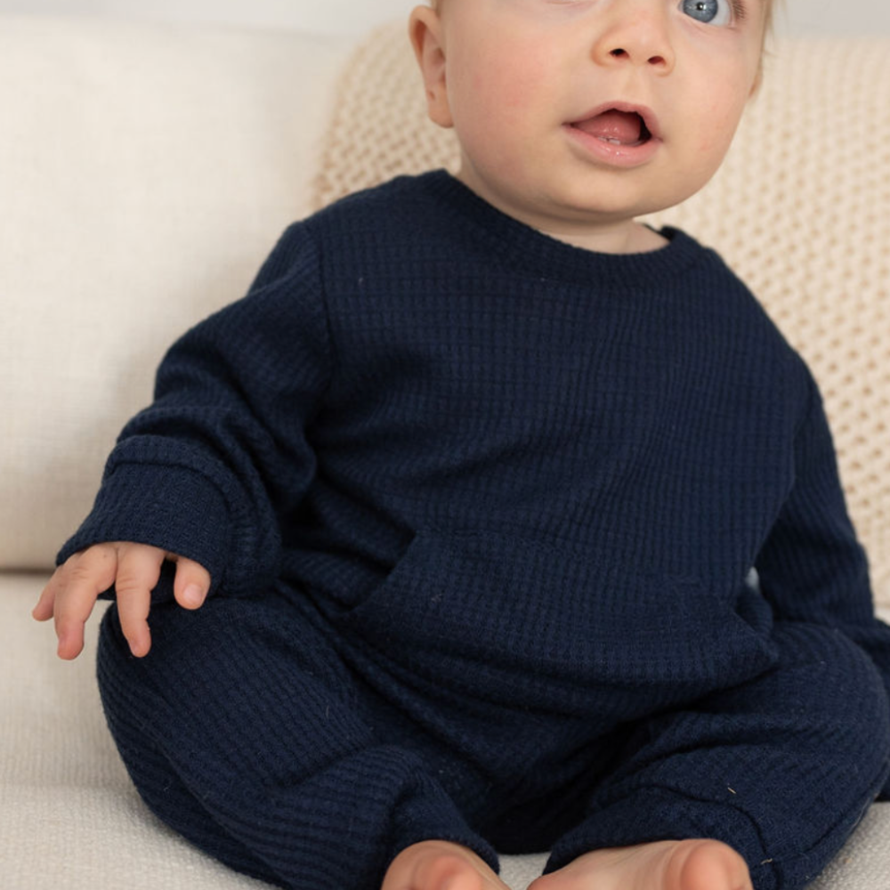 baby boy wearing navy waffle set