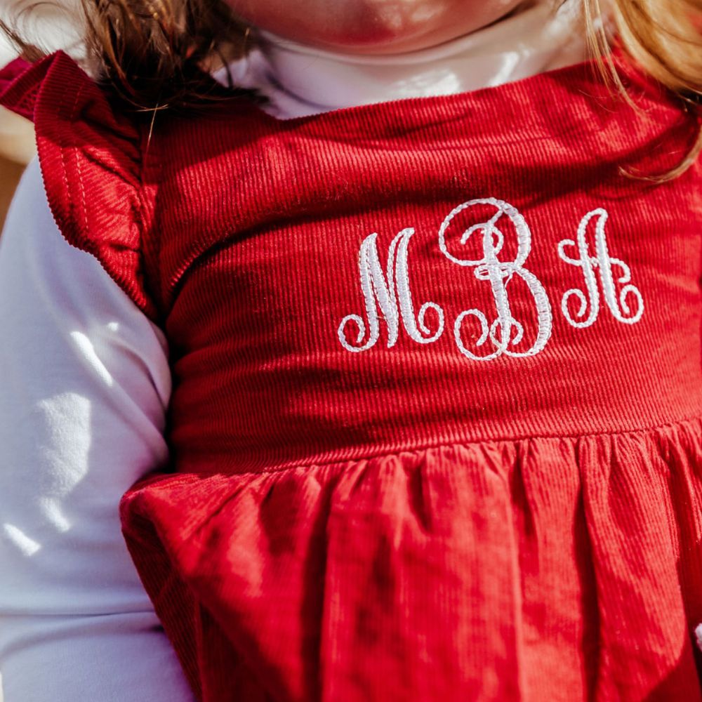 red dress with initial monogram