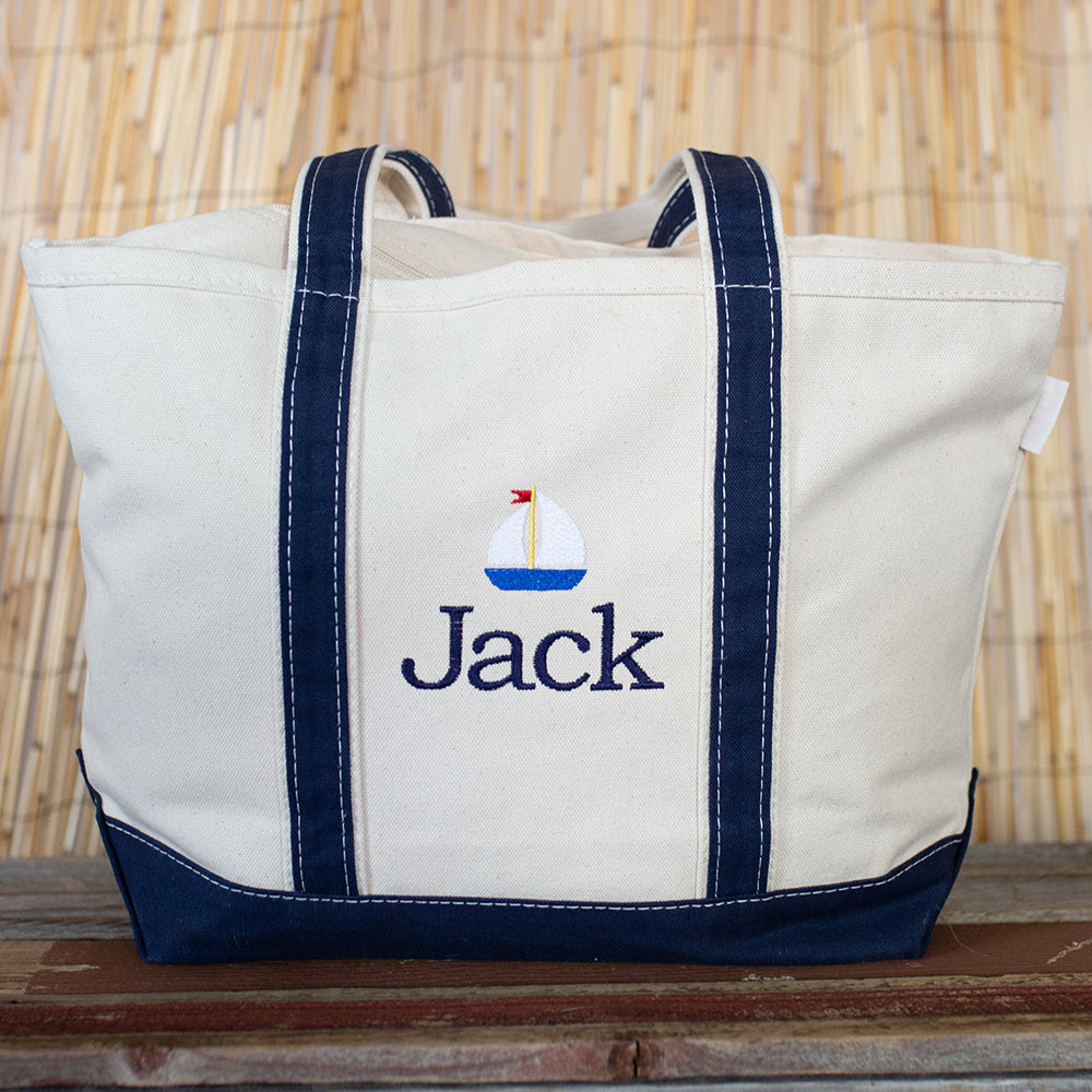 large navy tote with monogram