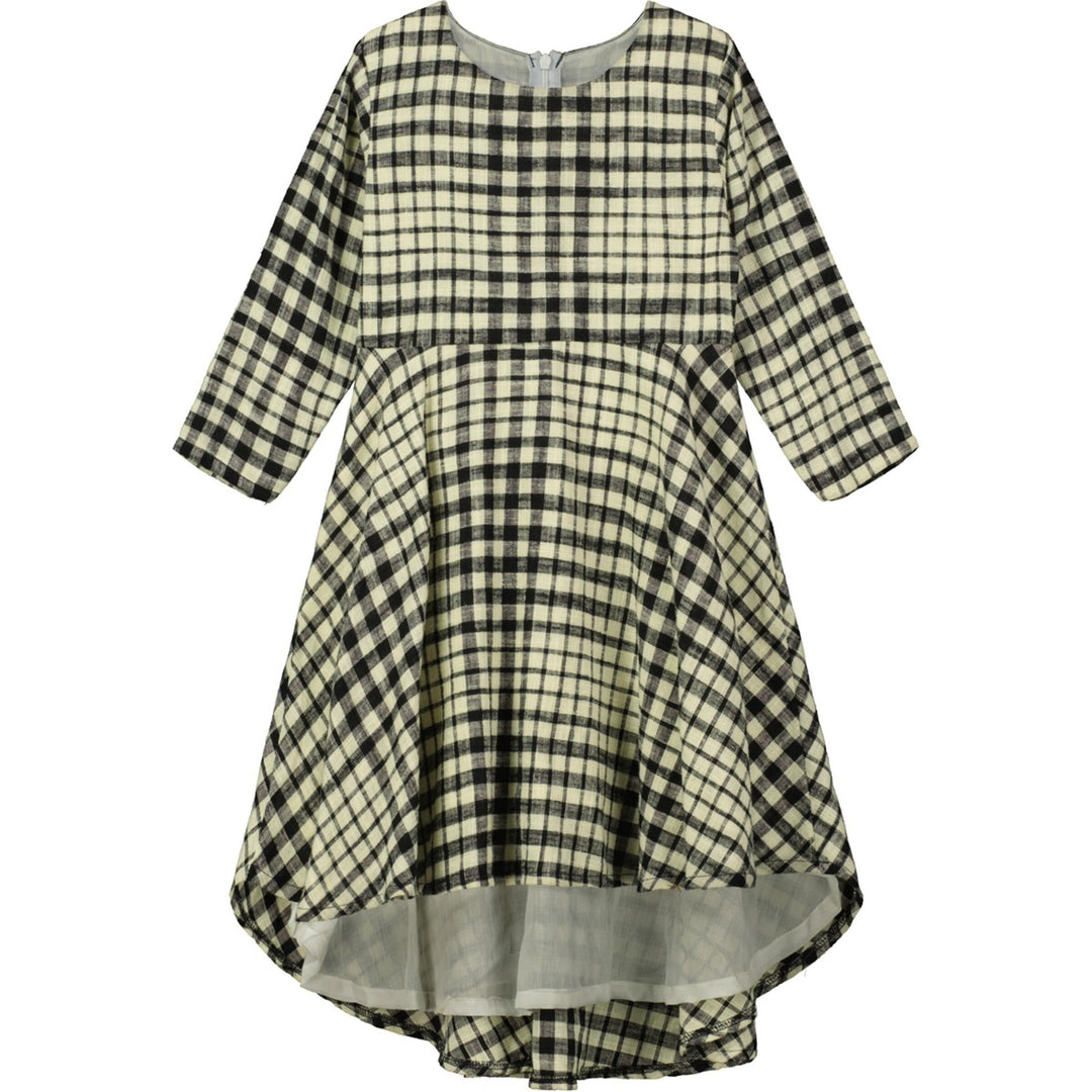 Waterfall Hem Dress in Oatmeal/Black Plaid