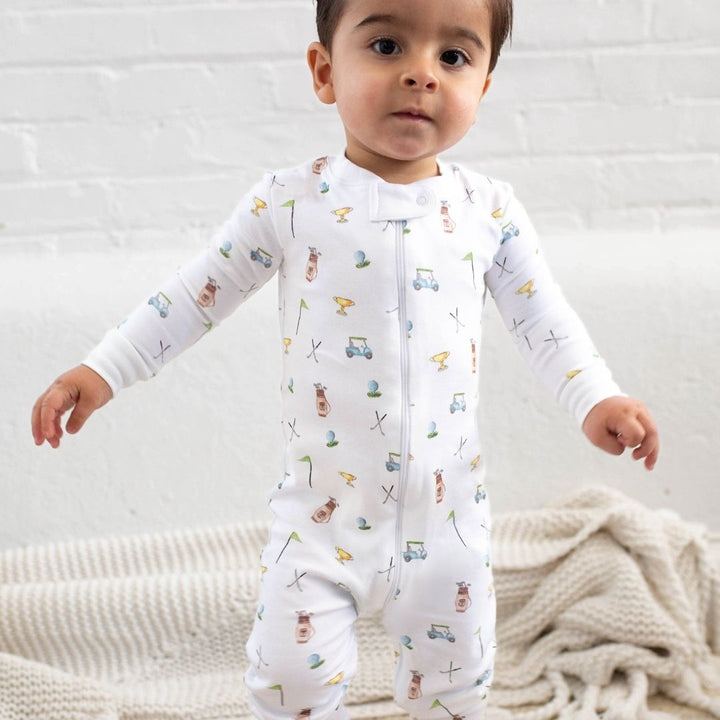 baby boy wearing golf zipper romper