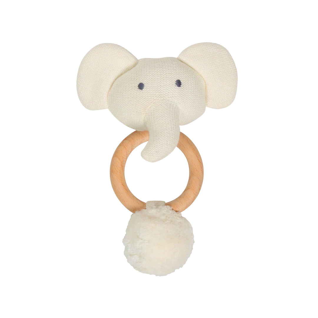 Organic Knit Elephant Rattle in White