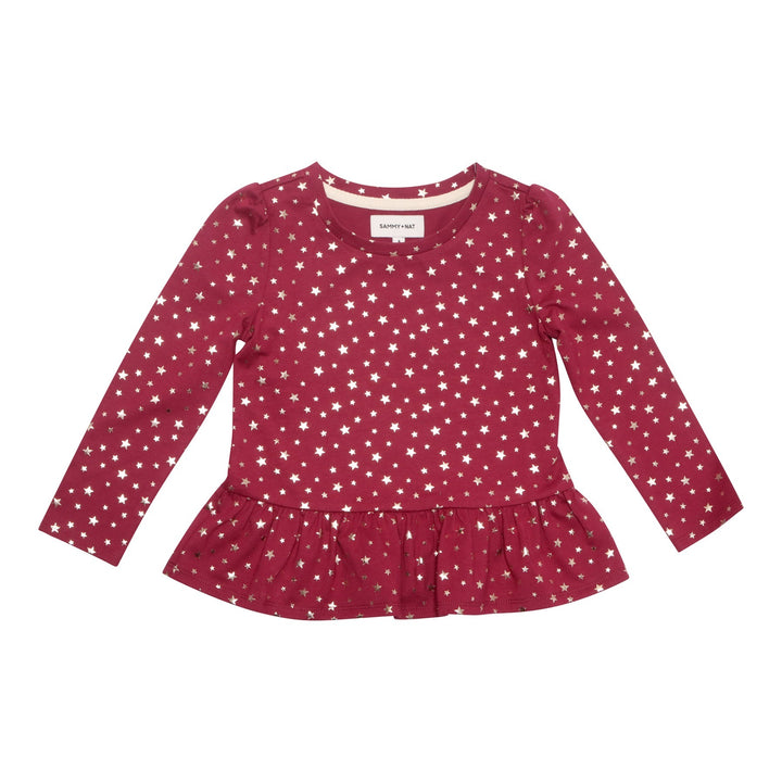 maroon shirt with gold stars