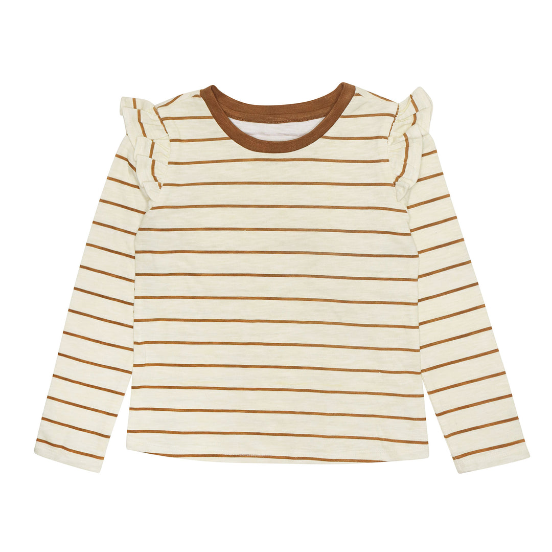 brown striped ruffle shoulder long sleeve top