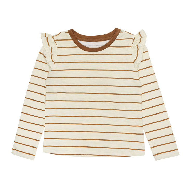 brown striped ruffle shoulder long sleeve top