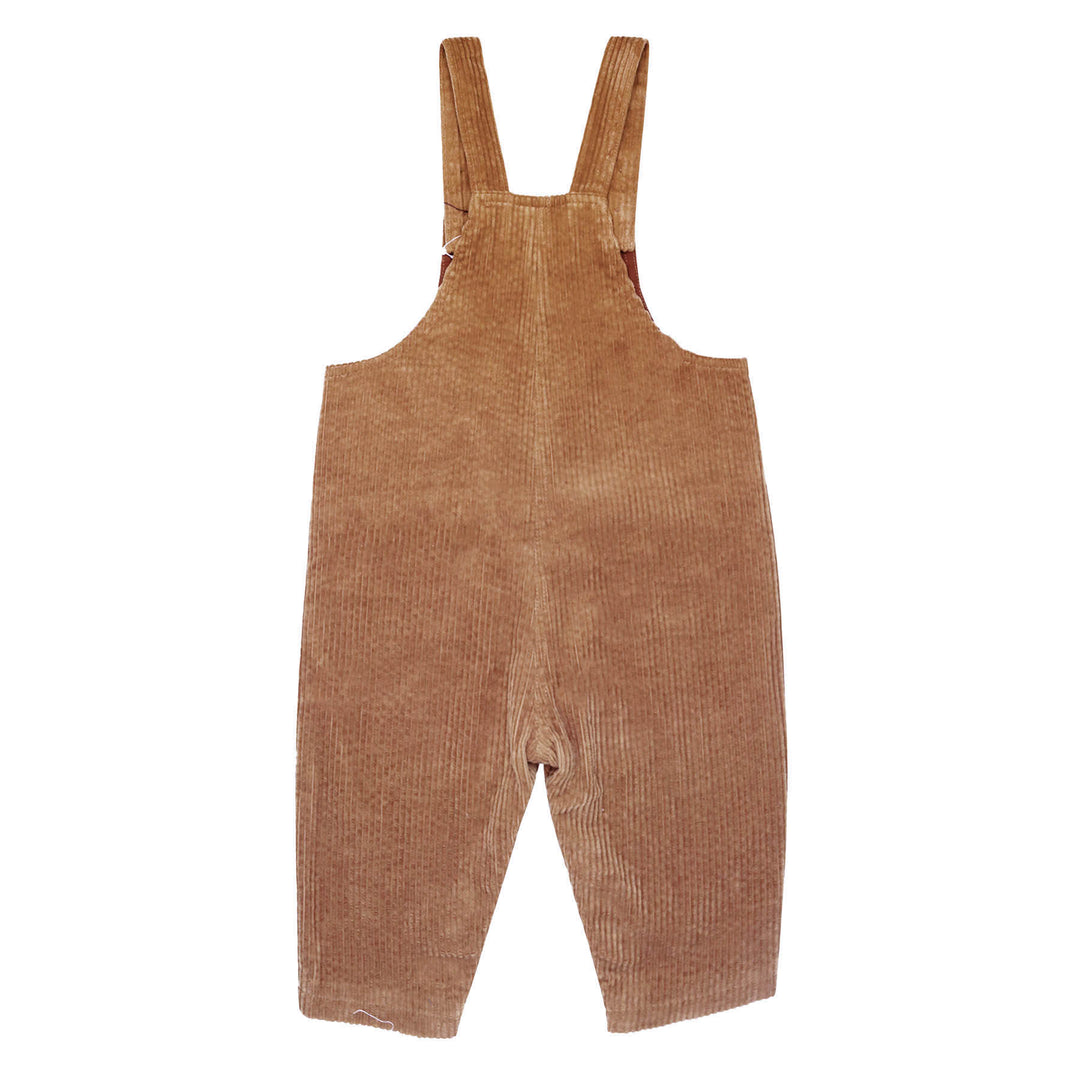 back of brown corduroy overalls