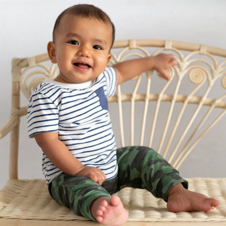 baby boy wearing navy striped tshirt