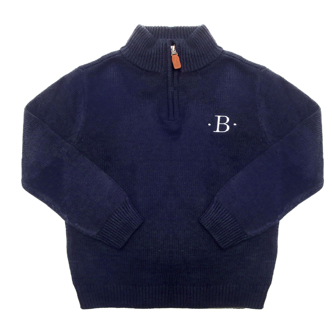 navy sweater with monogram chest