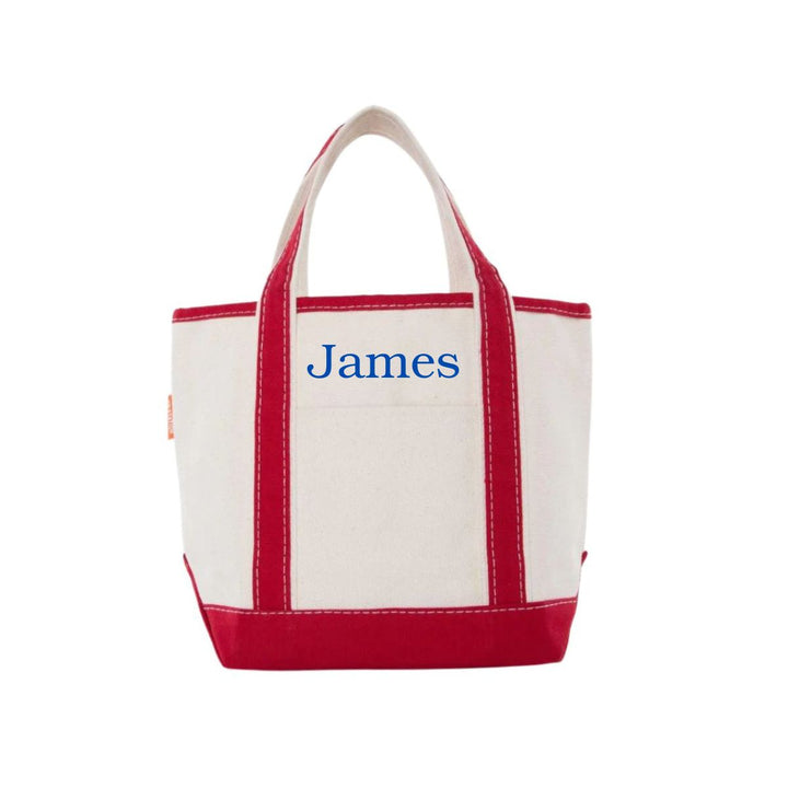 red tote with name embroidery